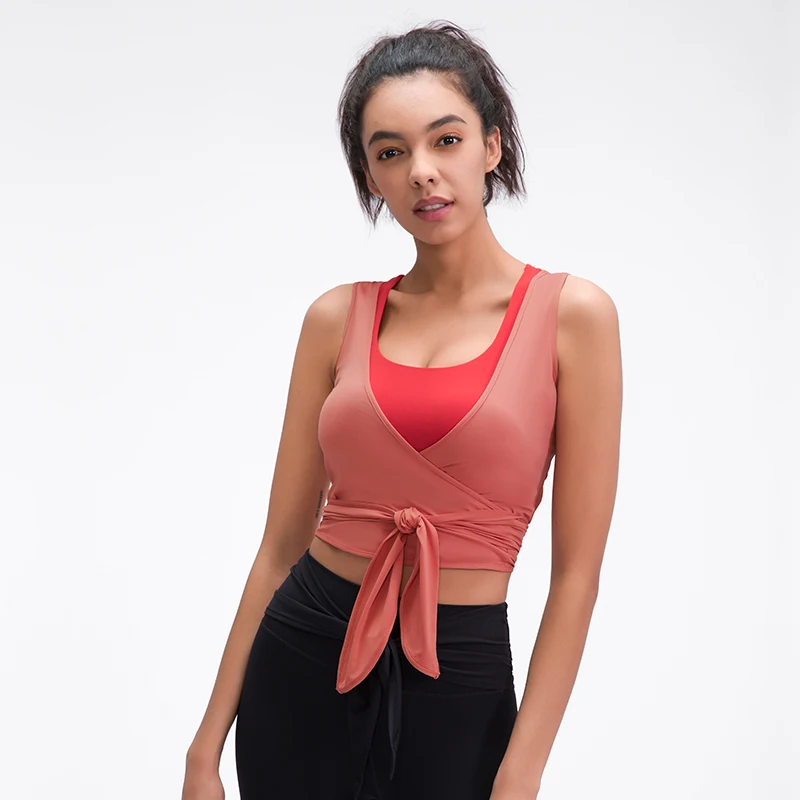 

Trendy New Arrival Irregular Hem Ribbon Workout Wear Pilates Shirt Vests Custom Logo High Elastic Women Tight Slimming Yoga Tops, 4 colors