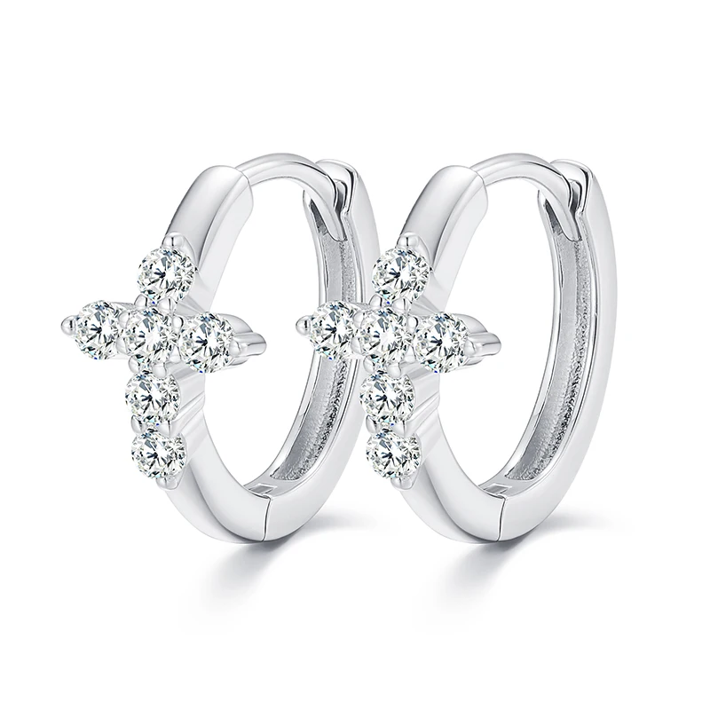 

New Arrival Women's Fashion Jewelry 18K White Gold Plated 925 Sterling Silver VVS Moissanite Diamond Cross Hoop Earrings