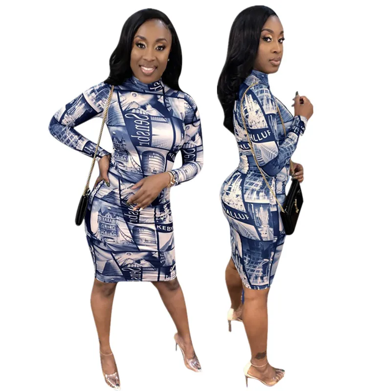 

Casual Long Sleeve Eiffel Tower Printed High Neck Pencil Dress Bodycon Midi Dress Women, As picture