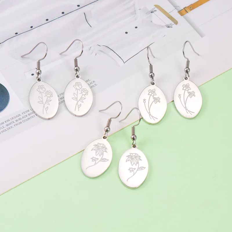 

Trendy Engraved Floral Pendant Earrings Oval Dainty Stainless Steel Earrings Personalized Birth Flower Earrings for Women Girls, Silver