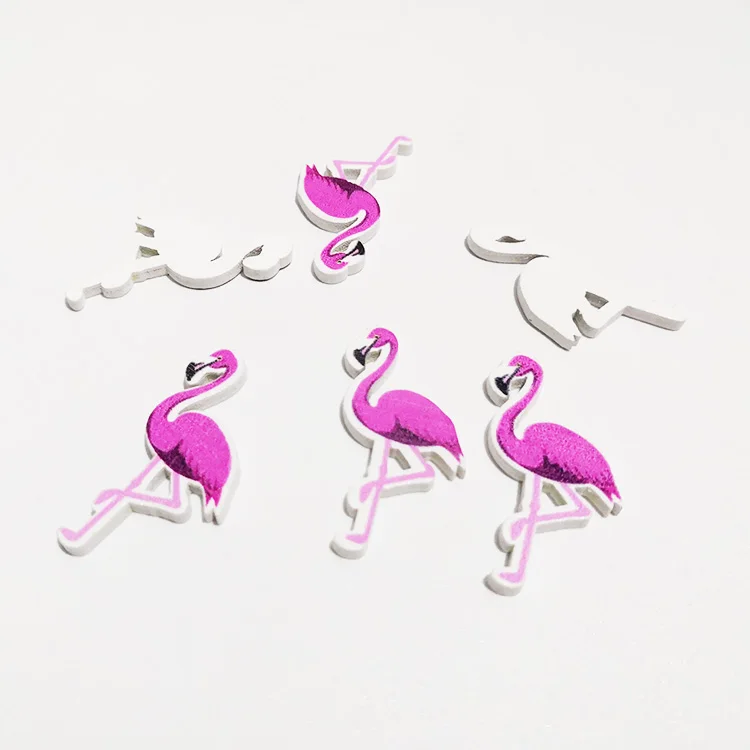 

hot sale no hole flatback pink flamingo shape wooden craft buttons for diy