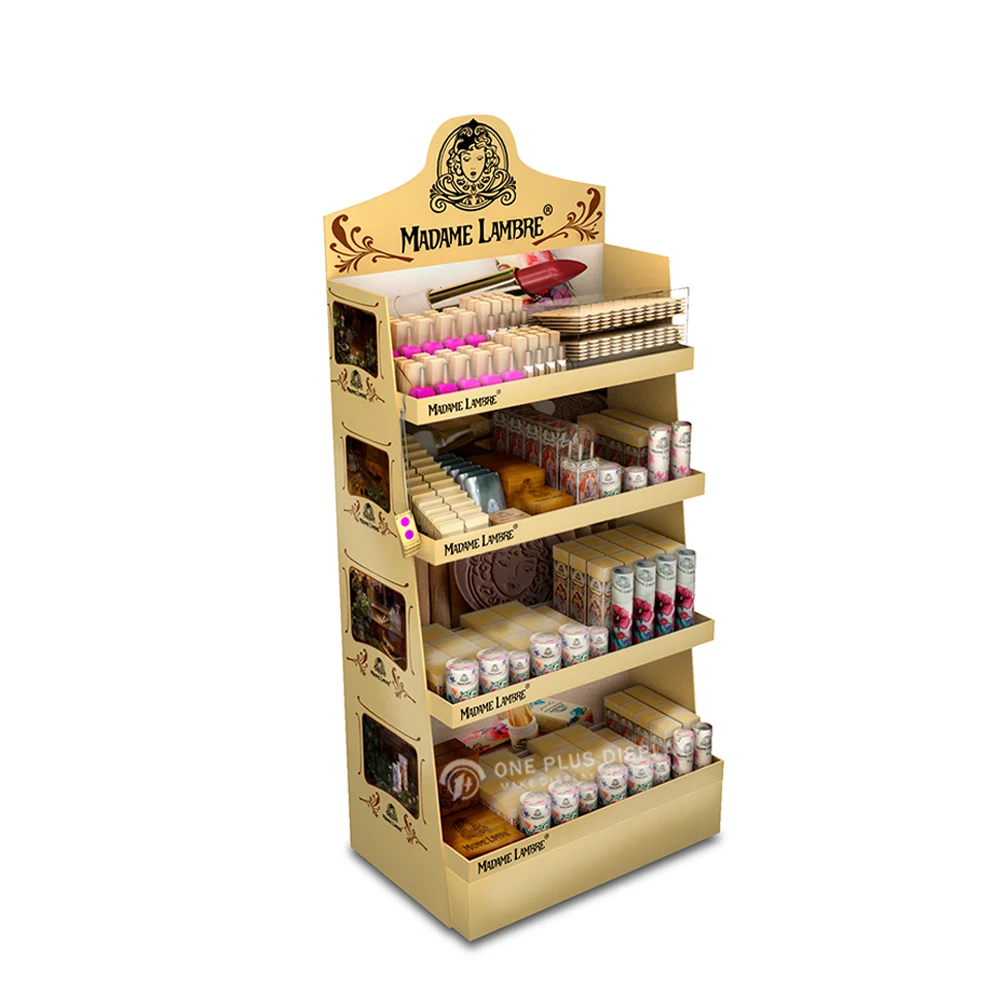 

Supermarket corrugated floor display shelf customized cosmetics cardboard eyelash brush display stand