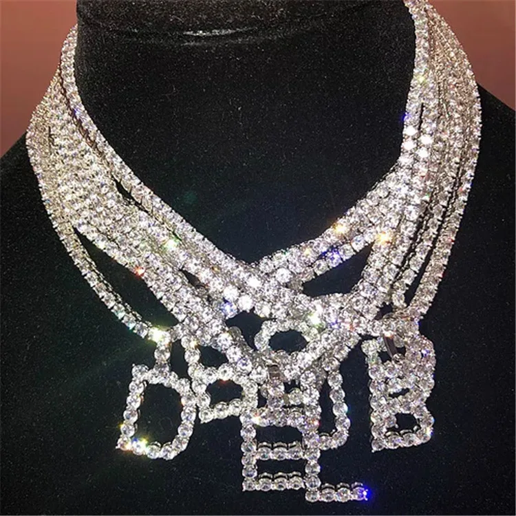 

Newest Style Diamond Necklace Silver 26 Letter Rhinestone Claw Chain Bling Bling Necklace For Accessories Jewelry, Gold