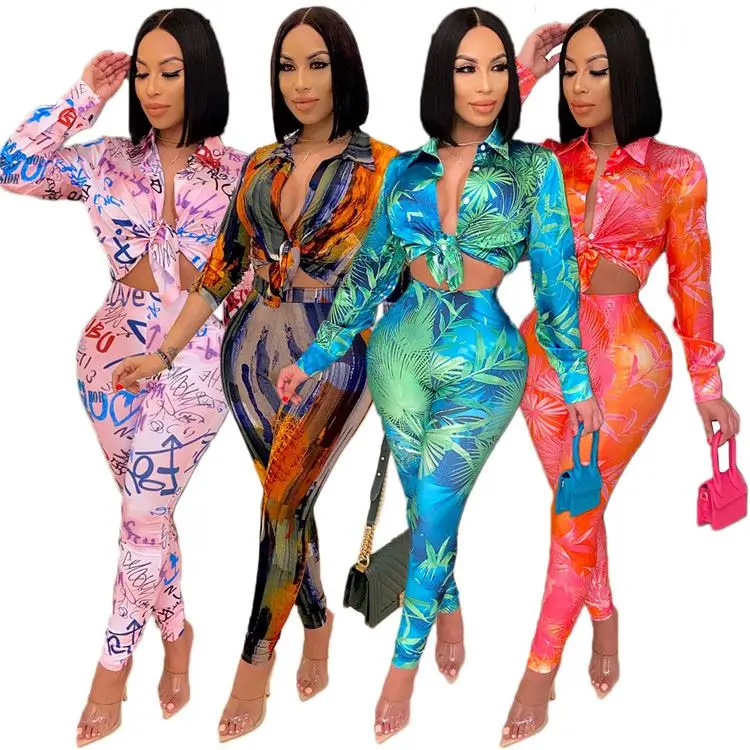 

Best Price Printed Long Sleeves Shirts Casual Women Clothes 2021 2 Piece Set Womens Two Piece Pants Set