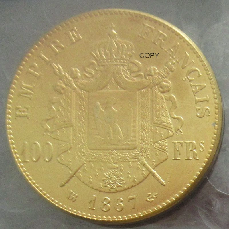 

Reproduction France 1867 BB 100 Francs - Napoleon III Gold Plated Commemorative Coin