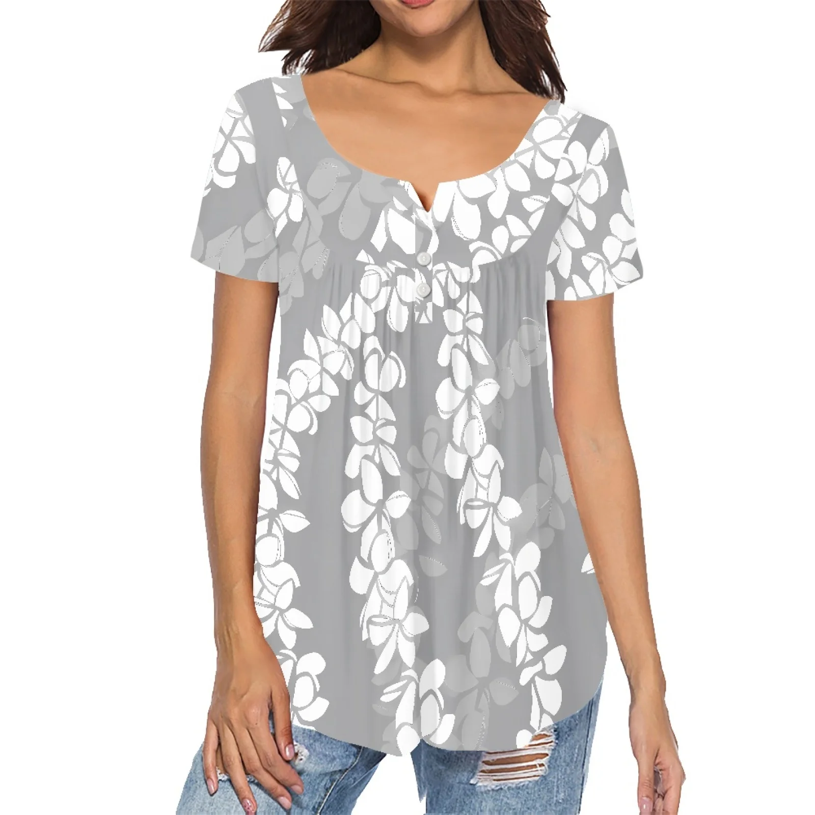 Lovely Gray Tunic Tops With Flowers Printing Custom Hawaiian Style Women Plus Size T Shirts Short Sleeve Casual Graphic Tee Tops