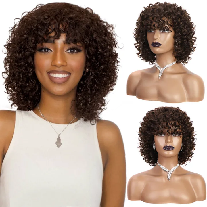 

Forcuteu Afro Wholesale Glueless Quality Brown Non Lace 100% Raw Curly Bob Bang Deep Water Wave Short Black Women Human Hair Wig