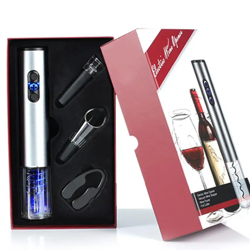 

High Quality Battery Electric Wine Bottle Opener Gift set with pourer and cutter, Silver, red, blue wine opener set