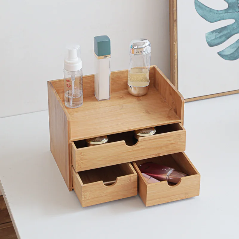 

Bamboo desktop organizer file document tool small parts wood storage cabinet box with 3 drawer for office home decoration