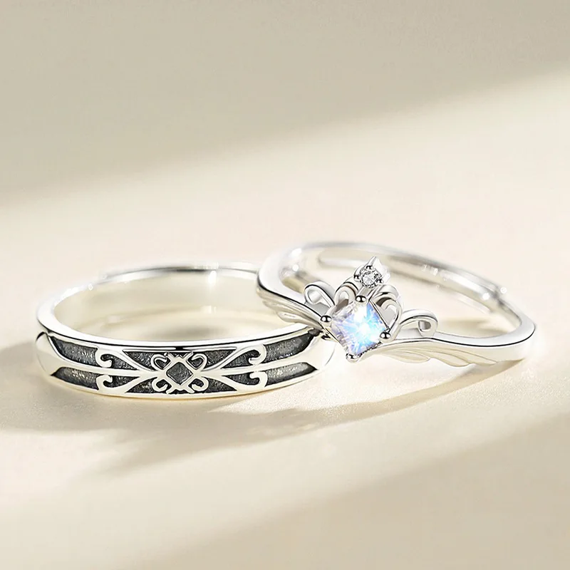 Fashion wedding ring princess knight enamel couple jewelry men women stackable moonstone couple ring