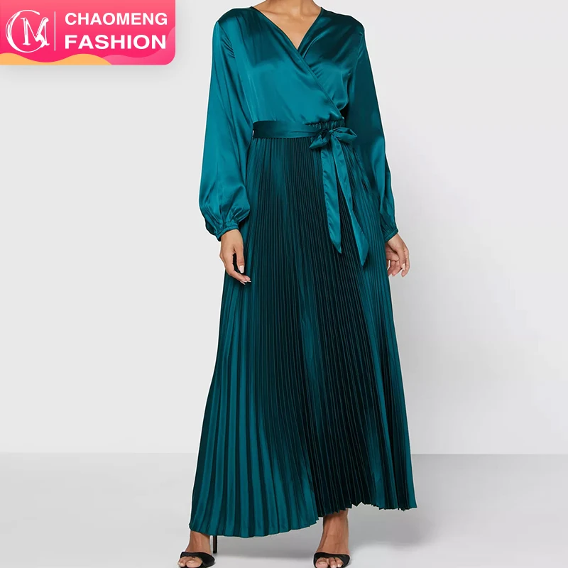 

6377# High Quality Islamic Clothing Dubai V Neck Long Sleeves Satin Pleated Muslim Abaya Dress For Women, Pink/black/beige/green/mint/ purple