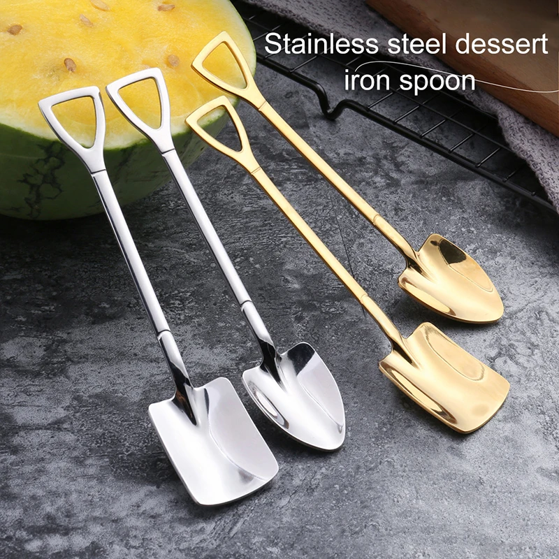 

Hot Selling Ice Cream Spoon Shovel Shape Dessert Stainless Steel Fruit Spoon Stirring Spoon for Home Kitchen Restaurant, Silver/gold