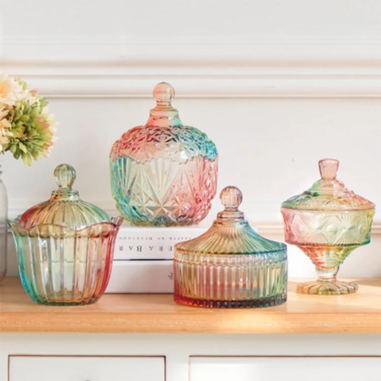 

Hand Made Candy Storage Container Colored Glass Jar for Home Decoration, High transparency