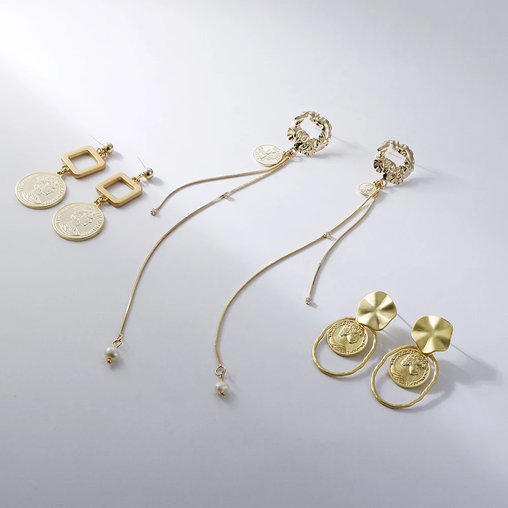 

Vintage European Style Pearl Earrings Jewelry Geometric Gold Round Oval Portrait Coin Drop Earrings, Picture