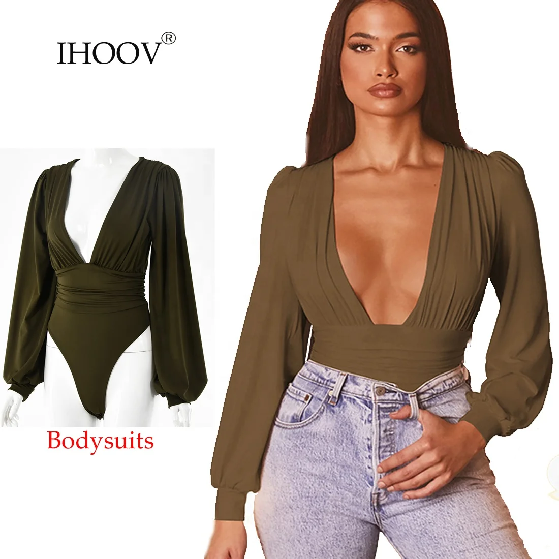 

Plain Color Long Sleeve woman bodysuits fall women's blouses tops for women rompers, Black, white, yellow, brown