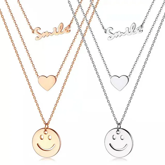 

New trendy korean style multilayer smile heart three layered stainless steel choker necklace for women