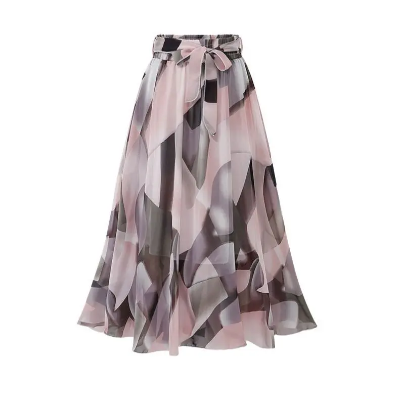 

2021 Womens Girls' Skirts Floral Chiffon Skirt Long Print Pleated Swing Ladies Skirts, Black/pink