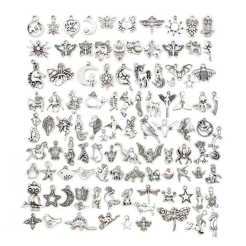 

100Pcs Mixed Silver Gold Alloy Animal Birds Charms Beads Hand DIY Bracelet Pendant Necklace Accessories Jewelry Making Set, Gold,silver