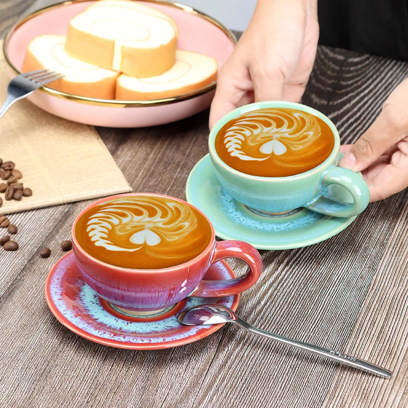 

2021 Hand Painted Ceramic Coffee Cup Creative Vintage Cup European Style Cappuccino Latte Mocha Tea Coffee Cup and Saucer Set, 7 colours