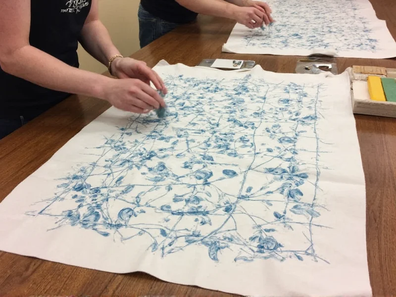 Block printing demonstration on recycled cotton fabric