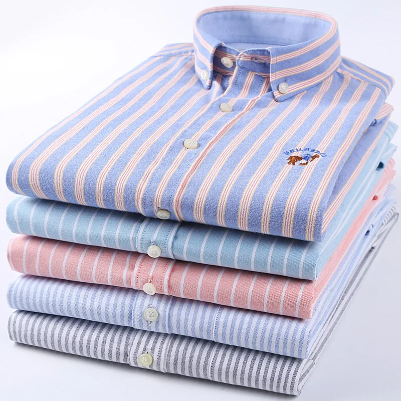 

Long Sleeve Cotton Oxford Men's Shirts with Leisure Business Stripes, Blue/pink/purple