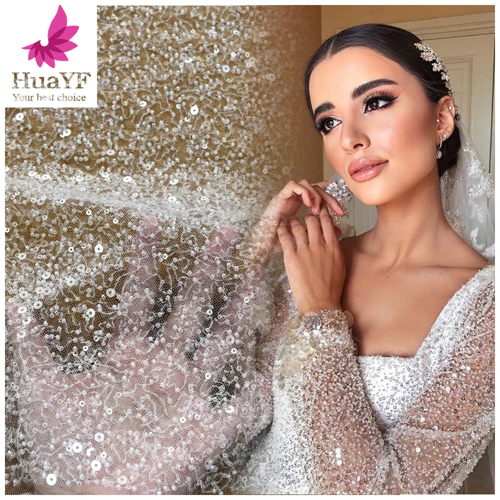 

Super Shining Super density white beaded crystal sequins french wedding bridal lace dress fabric HY1445-3, As picture