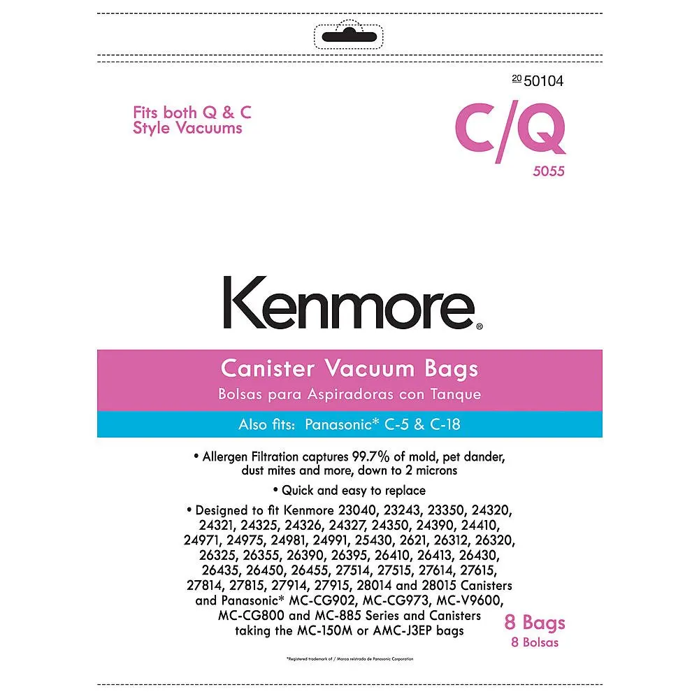 

Kenmore 20-50104 5055 8 Pack Style C/Q Canister Vacuum Bags, White