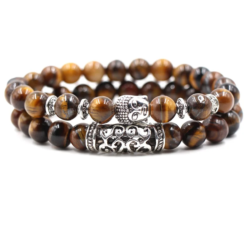 

8mm Natural Tiger's Eye Stone Silver Fati Hand Lion Owl Buddha Head Chain and Bead Bracelet Set for Men Rope Material