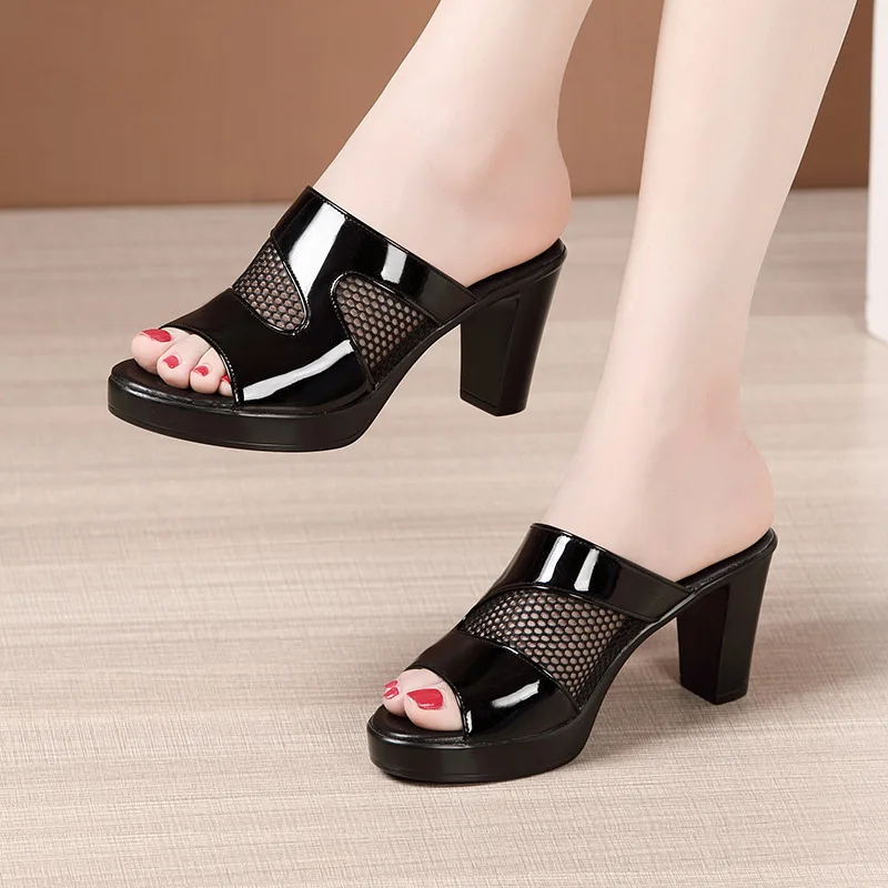 

Plus Size 32-43 Block Heel Patent Leather Slippers Wedding Shoes Women 2021 Summer Cutout High Heels Slides Ladies Office Shoes