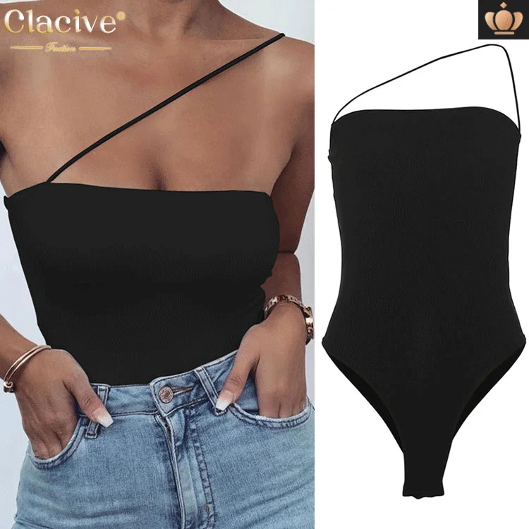 

Clacive Fast Shipping Spring Summer Black Gray Sleeveless Bodysuit Spaghetti Straps Halter Sexy Top Bodysuit for Women