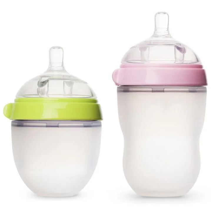 

Amazon Hot Sale Silicone Baby bottle Non-toxic Toddler Milk Water Feeding Bottle with Lid BPA Free Anti-Colic Feeder150ML 250ML, Green/pink