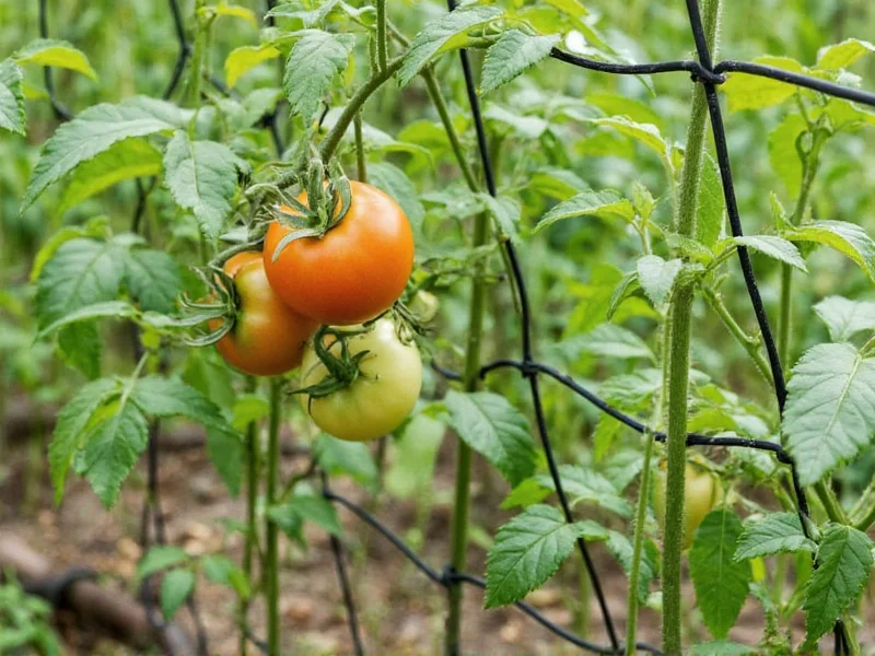 String grid trellis supporting tomato plants in garden