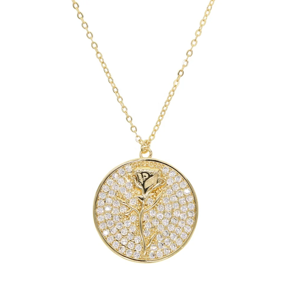 

micro pave cz engraved rose flower Moon Coin disk plated necklace Gold color vintage fashion women collar chains