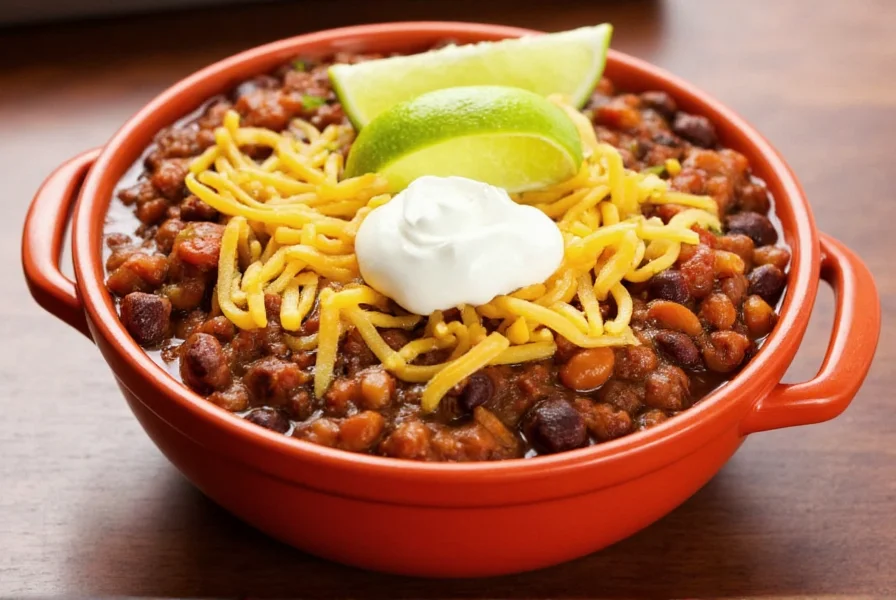 Finished taco chili served in bowl with traditional toppings including shredded cheese, sour cream, and lime wedges