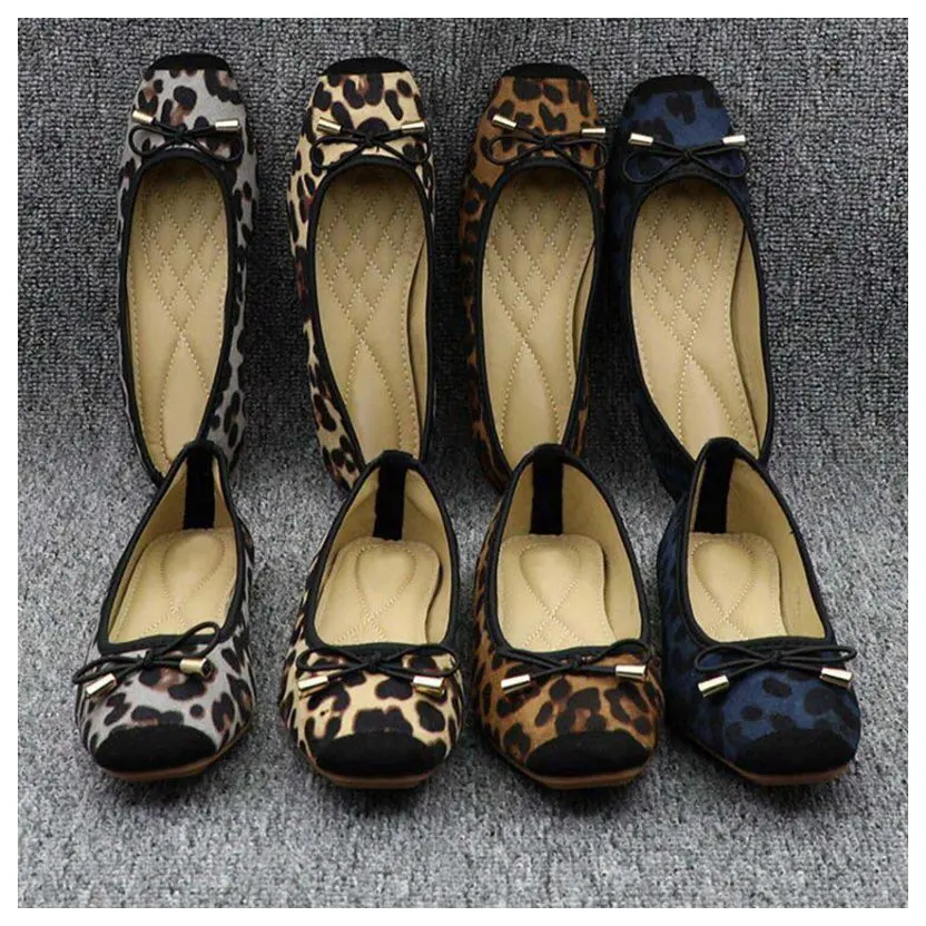 

Flat Comfortable Footwear Moccasins Shoe Women Flats Leopard Square Toe Bow Tie Ballet Shoes Leisure Slip On Ladies, Apricot,gray,blue,dark brown