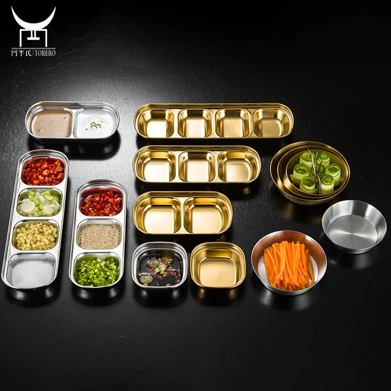 

Korean BBQ Stainless Steel Spices Plates Soy Tomato Mustard Sauce Dish Salt Vinegar Sugar Spices Flavor Condiment Dip Bowls, Silver / gold, customized color