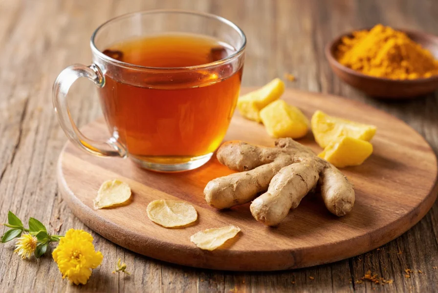 Fresh ginger and turmeric roots being sliced for tea preparation