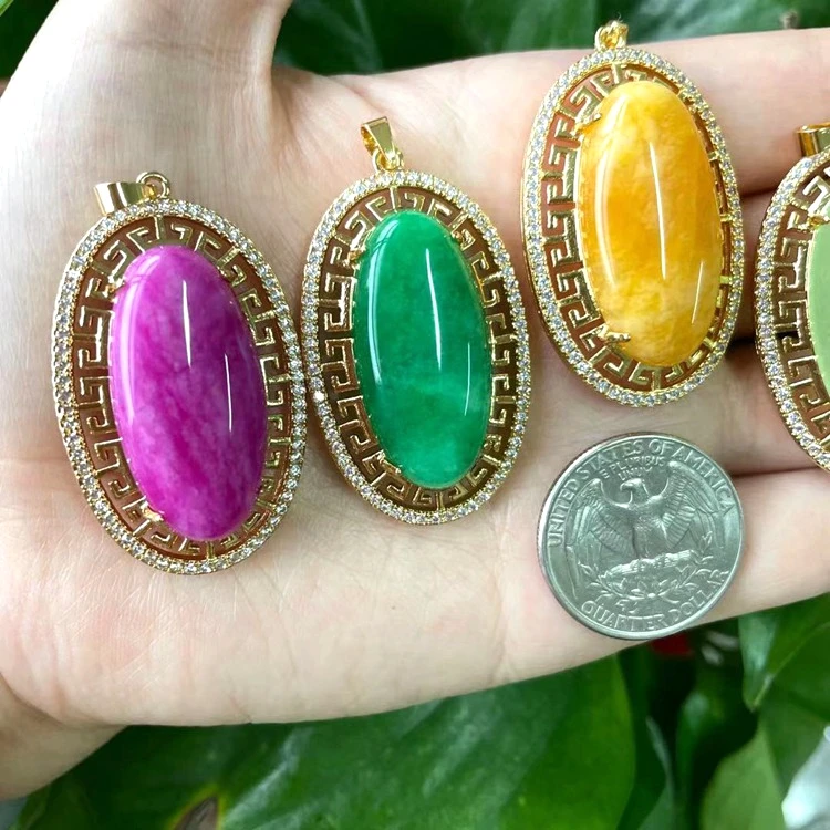 

Hot sale Wholesale Jewelry natural stone gold plated pink green cobblestone jade fashion Chinese Maitreya jewlery Necklace