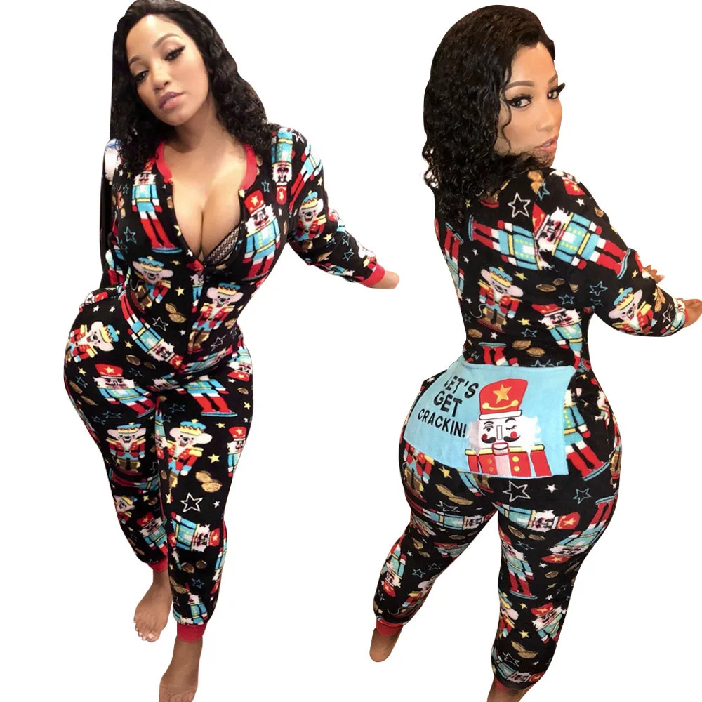 

V-neck Onesie Stretch Pajamas Bodysuit Cotton Jumpsuit Print Wholesale Big Size Long Sleeve Pencil Pants Women Lady Girls Skinny