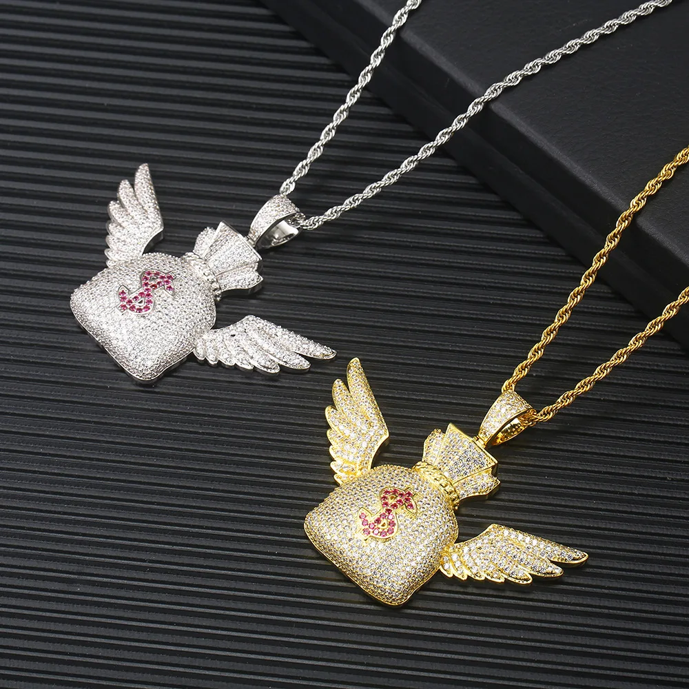 

GZYS JEWELRY Hip Hop Good Quality Copper Gold Ice Wing Angel Money Bag Pendant Necklace