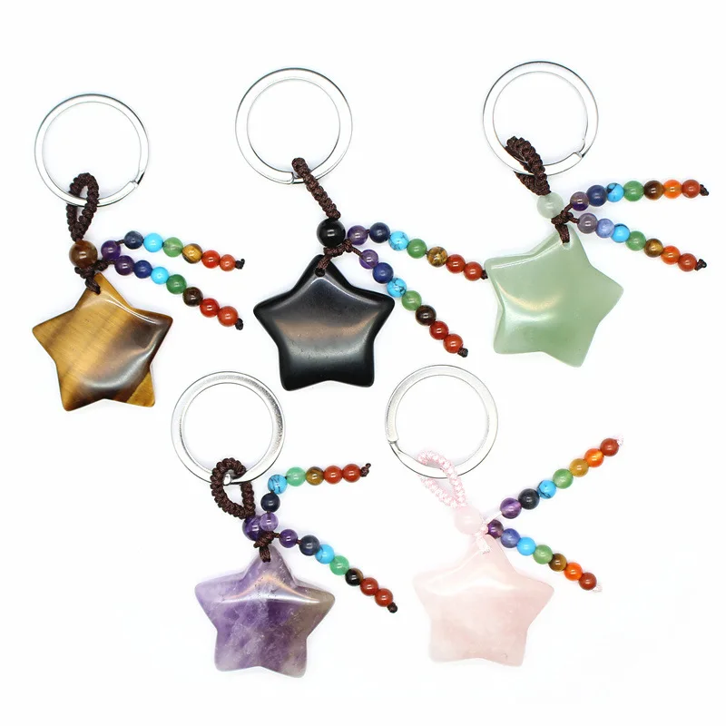 

Wholesale crystal five pointed star Pendants Key Chain gemstone natural stone green aventurine rose quartz Key Chain