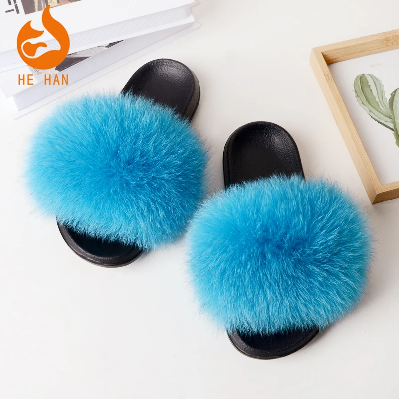 

women fancy fur slipper pvc indoor real fox mink fur slides fluffy slipper