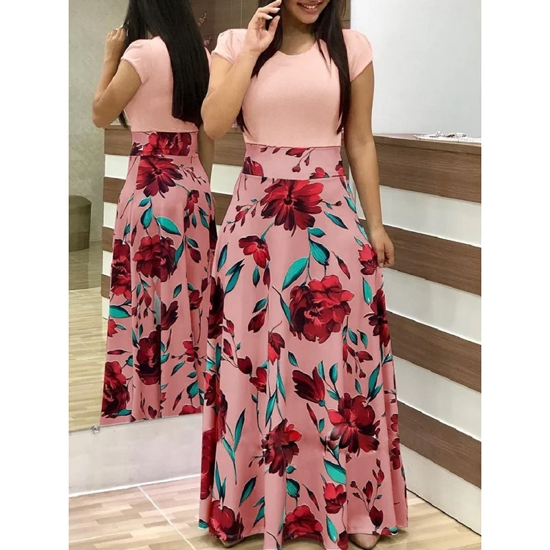 

women clothing flowers printing Color matching Maxi Dress O-neck Long Sleeve Casual Women Dress