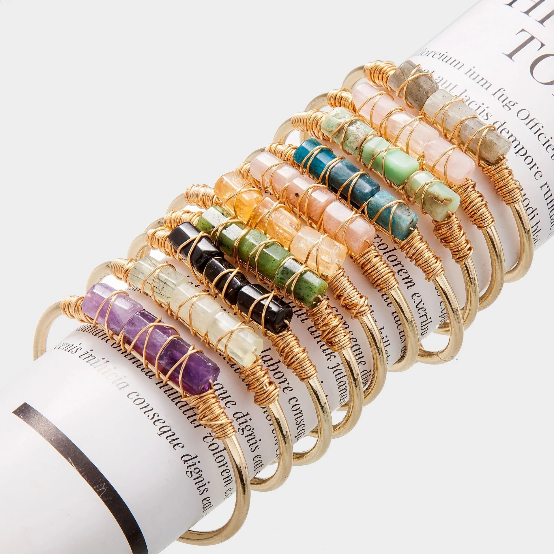 

Handmade Natural Crystal Stone Charm Wire Wrapped Gold Plated Adjustable Cuff Bangle Jewelry Women Bracelets, Picture shows