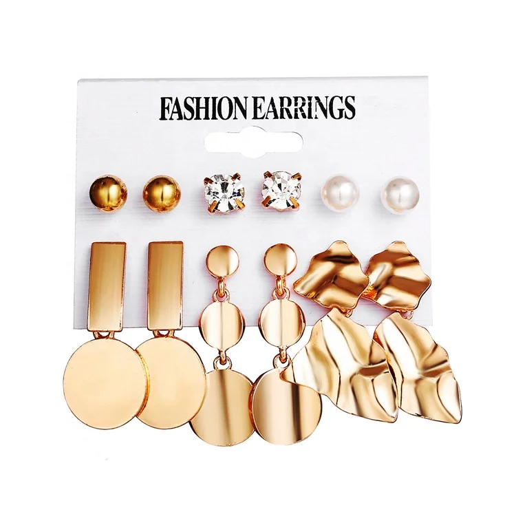 Wholesale 2019 trendy jewelry gold plated 6 pairs/ set round irregular geometric metal earrings for women