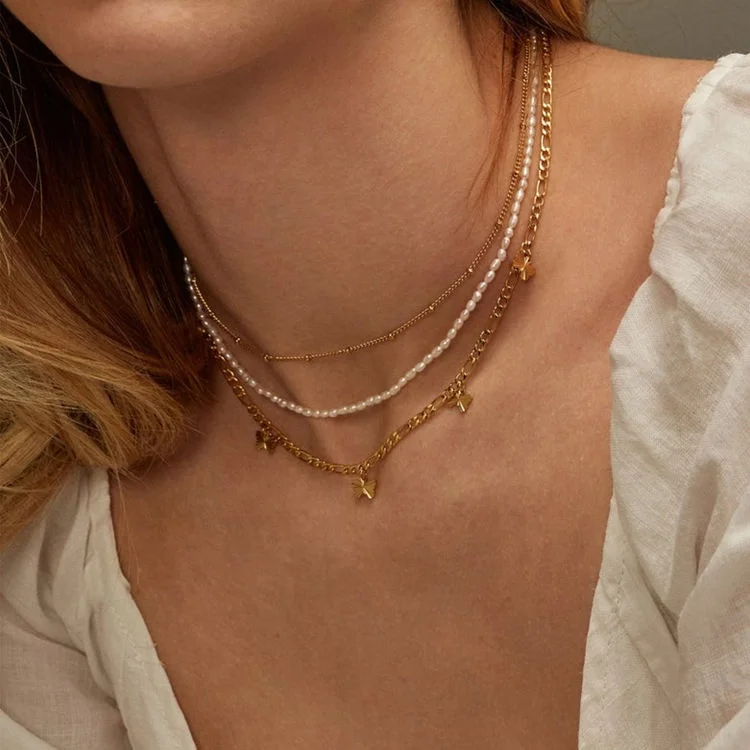 

Trendy Stainless Steel Figaro Chain Charm Layered Necklace Gold Plated Butterfly Necklace for Women, Gold color