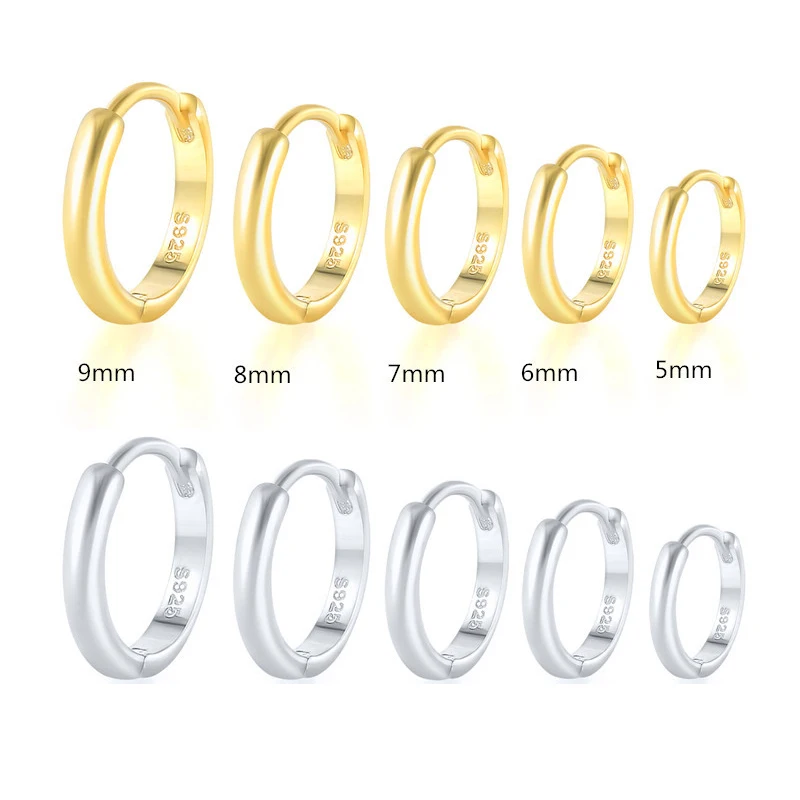 

925 Sterling Silver 5-9MM simple vintage wholesale round gold plated hoop earrings for women men