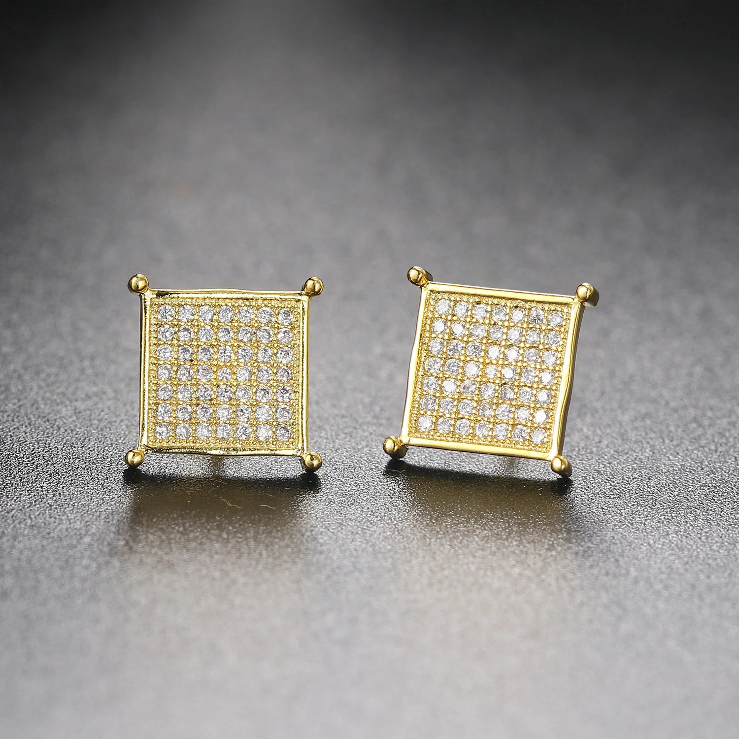 

Hip Hops Real Gold Plating Geometric Square Full Diamond Stud Earrings Punk Cubic Zircon Square Earrings For Women Men