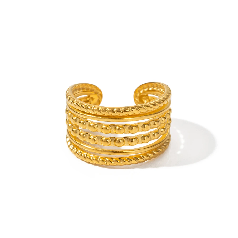 

Hollow Out Cuff Opening Ring 18K PVD Gold Plated Stainless Steel Waterproof Layers Bead Finger Ring For Women