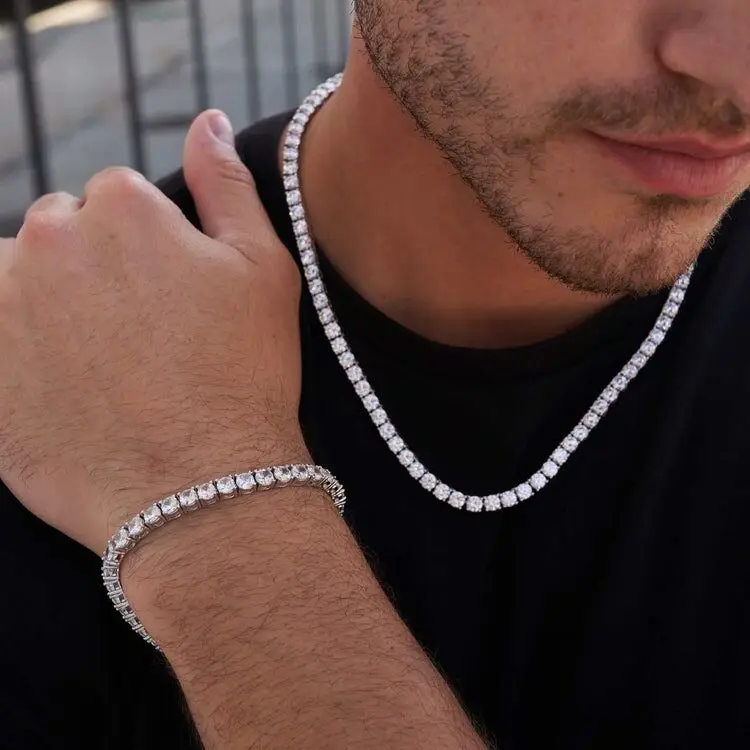 

18k Gold Plated Stainless Steel Tennis Chain Bracelet Waterproof 4mm Iced Out Diamond Moissanite Stone Necklace Bracelet For Men
